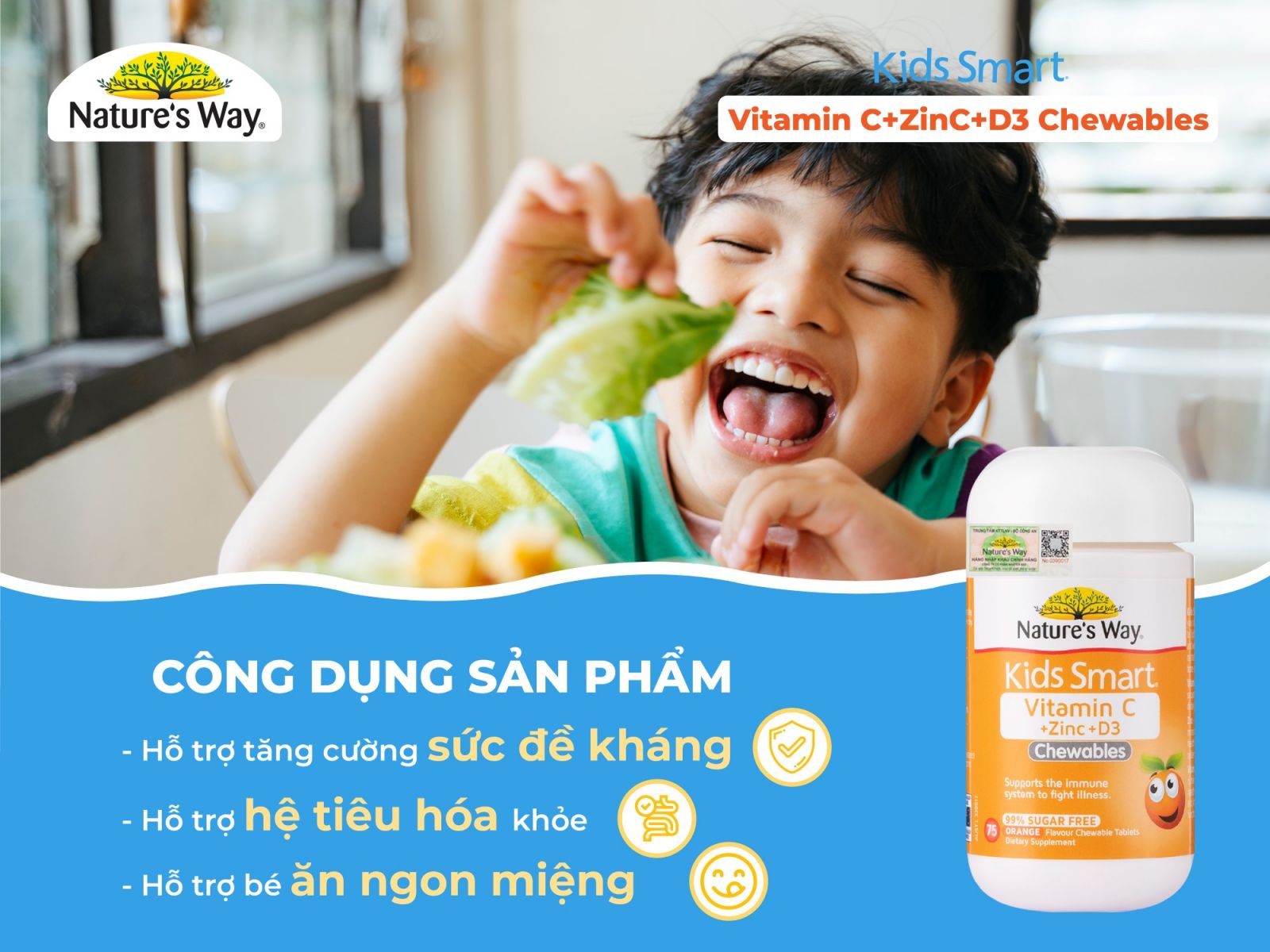 Nature’s Way Kids Smart Vitamin C + Zinc + D3 Chewable Tablets - Bổ sung Vitamin C và Kẽm cho bé