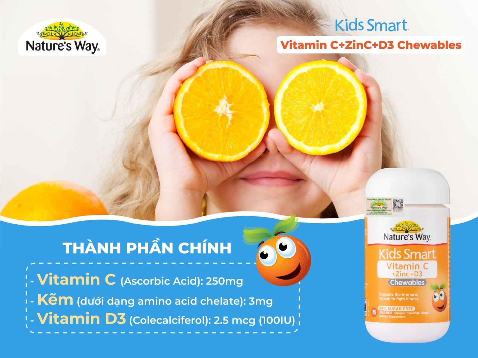 Nature’s Way Kids Smart Vitamin C + Zinc + D3 Chewable Tablets - Bổ sung Vitamin C và Kẽm cho bé