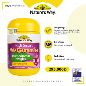 Nature's Way Kids Smart Vita Gummies Multi-vitamin+Vegies - Vitamin từ rau củ hỗ trợ bé tăng trưởng và phát triển