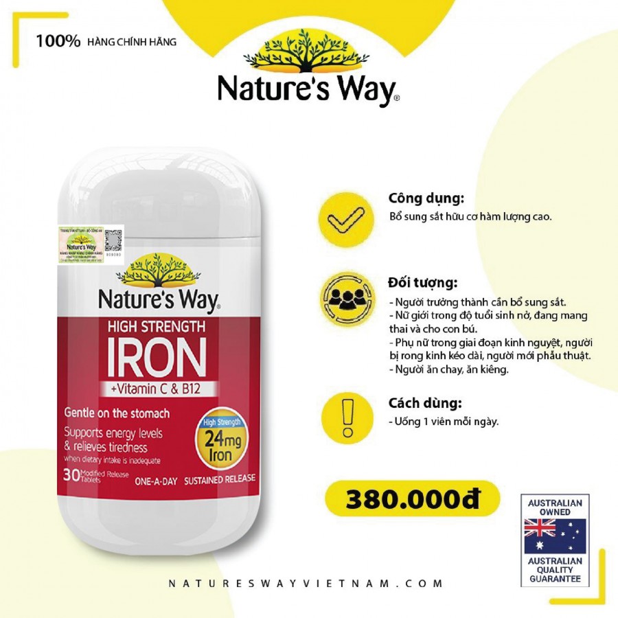 Nature’s Way High Strength Iron + Vitamin C&B12 – Bổ sung sắt hữu cơ hàm lượng cao 24mg (30 viên)