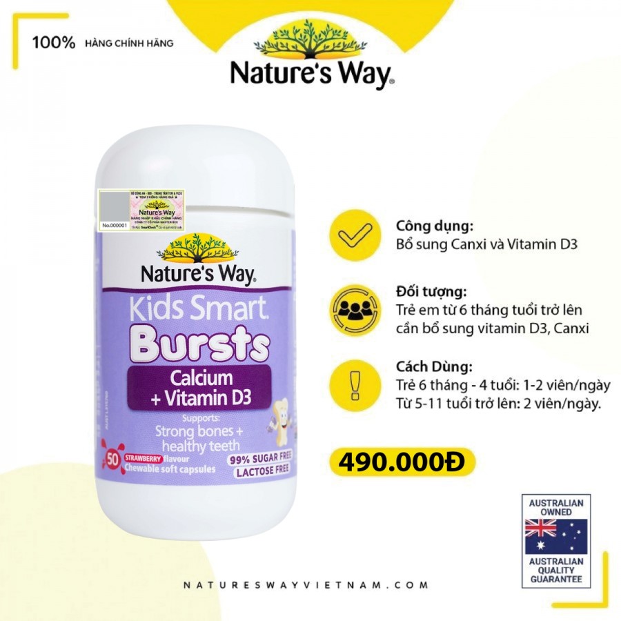 Nature's Way Kids Smart Calcium + Vitamin D3 Bursts - Hỗ trợ phát triển chiều cao