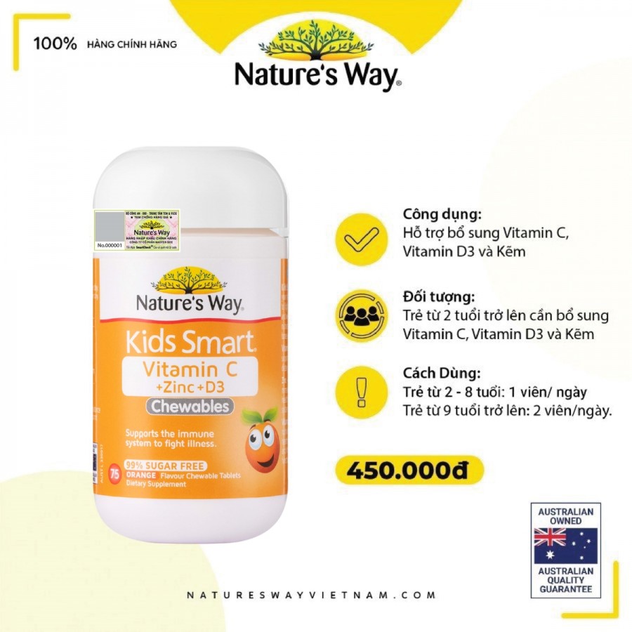 Nature’s Way Kids Smart Vitamin C + Zinc + D3 Chewable Tablets - Bổ sung Vitamin C và Kẽm cho bé