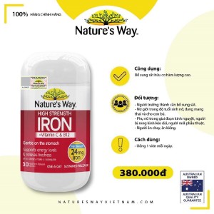 Nature’s Way High Strength Iron + Vitamin C&B12 – Bổ sung sắt hữu cơ hàm lượng cao 24mg (30 viên)