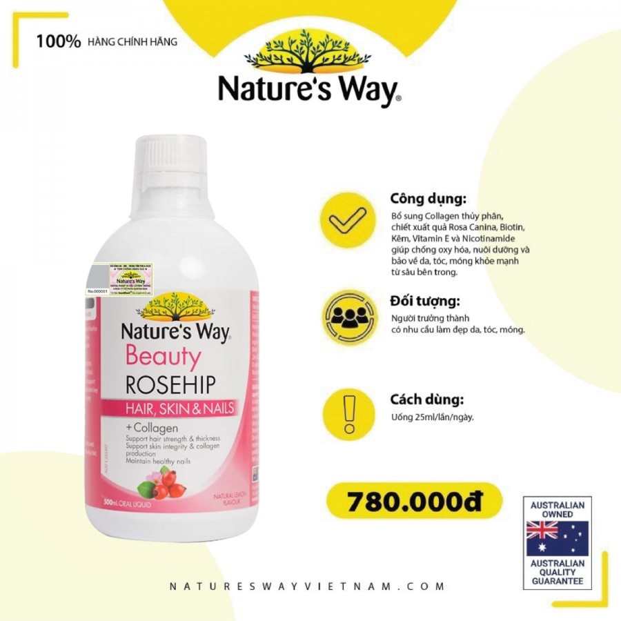 Nature's Way Beauty Rosehip – Bổ sung collagen thủy phân, chiết xuất Rosa Canina và Biontin cho da, móng, tóc