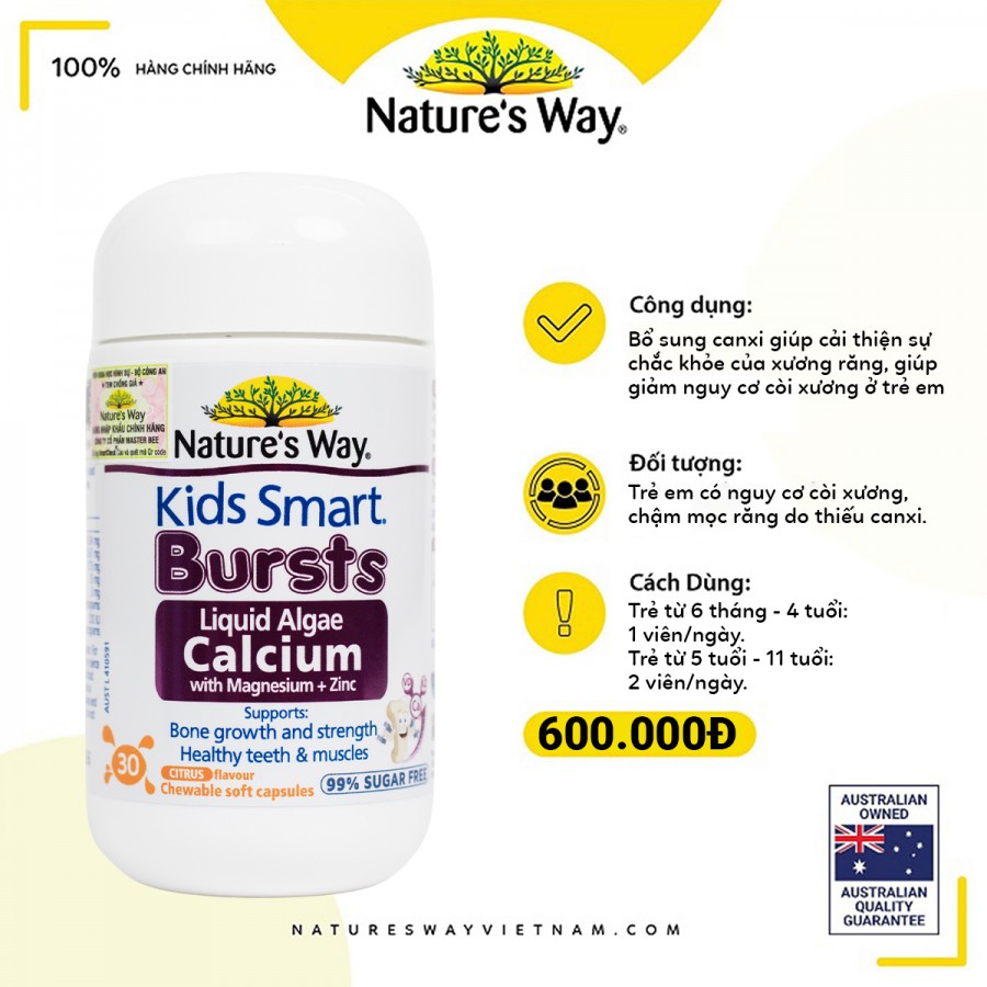 Viên nhai Canxi tổ ong tảo biển đỏ Nature's Way Kids Smart Bursts Calcium With Magnesium + Zinc+ D3K2