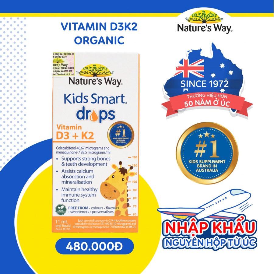 Nature's Way Kids Smart Drops Vitamin D3 + K2 - Vitamin D3K2 Organic nhập khẩu từ Úc (Hộp 11ml)