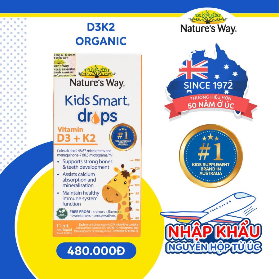 Nature's Way Kids Smart Drops Vitamin D3 + K2 - Vitamin D3K2 Organic nhập khẩu từ Úc (Hộp 11ml)