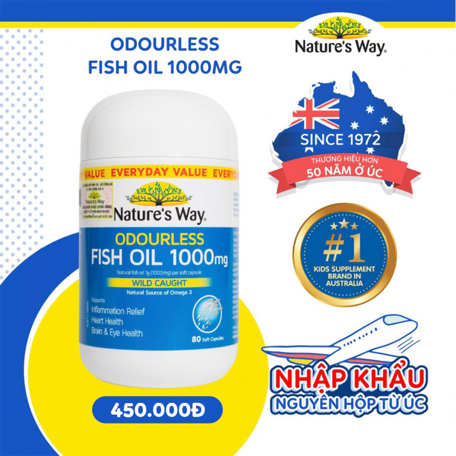 Nature's Way Odourless Fish Oil 1000mg - Dầu cá thiên nhiên không mùi (Hộp 80 viên)
