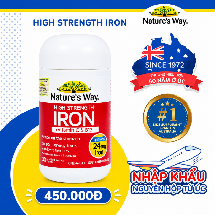 Nature’s Way High Strength Iron + Vitamin C&B12 – Hỗ trợ bổ sung Sắt, Vitamin C & B12 cho cơ thể