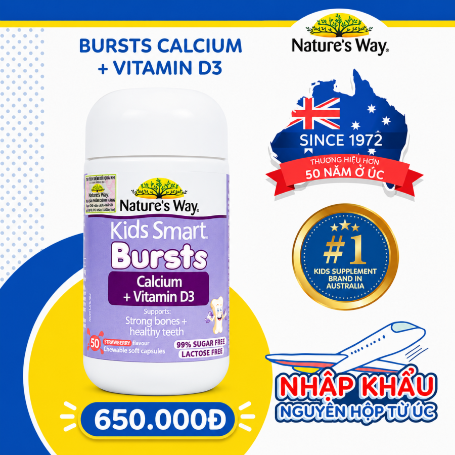 Nature's Way Kids Smart Calcium + Vitamin D3 Bursts - Hỗ trợ hệ xương và răng chắc khỏe cho trẻ