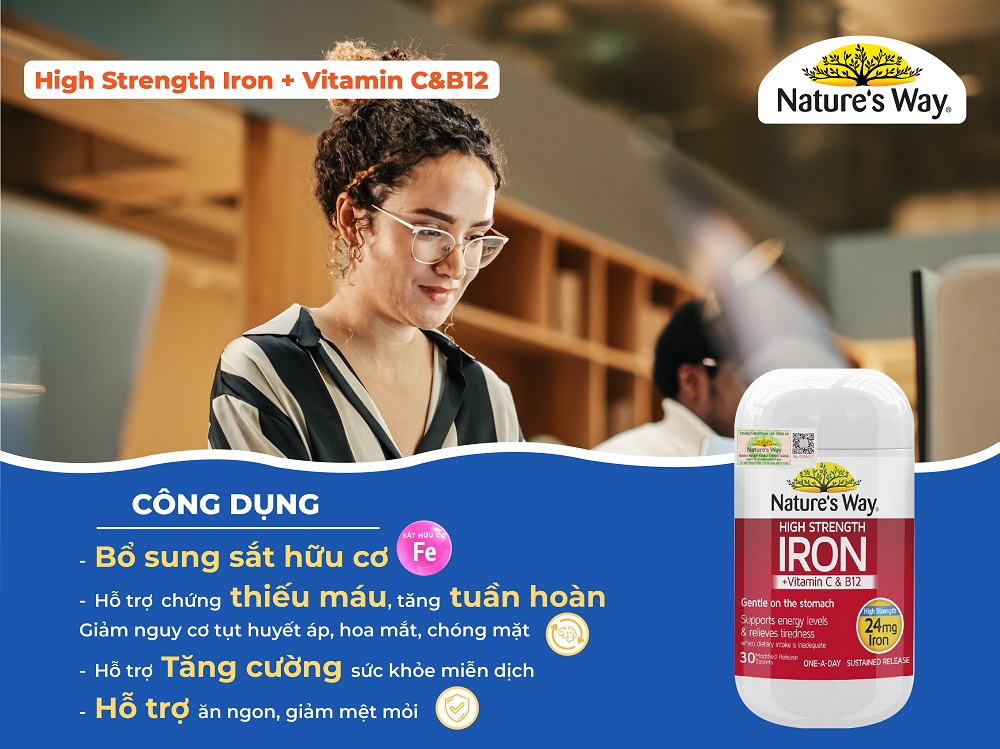 Nature’s Way High strength Iron + Vitamin C&B12 – Bổ sung sắt hữu cơ hàm lượng cao 24mg (30 viên)