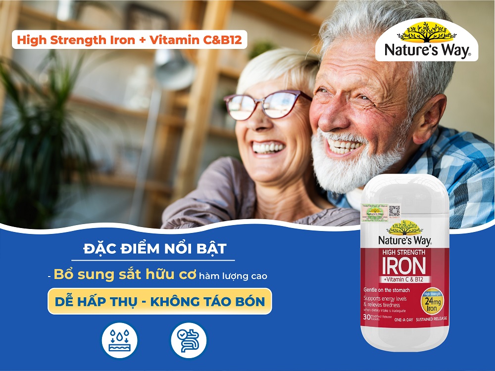 Nature’s Way High strength Iron + Vitamin C&B12 – Bổ sung sắt hữu cơ hàm lượng cao 24mg (30 viên)