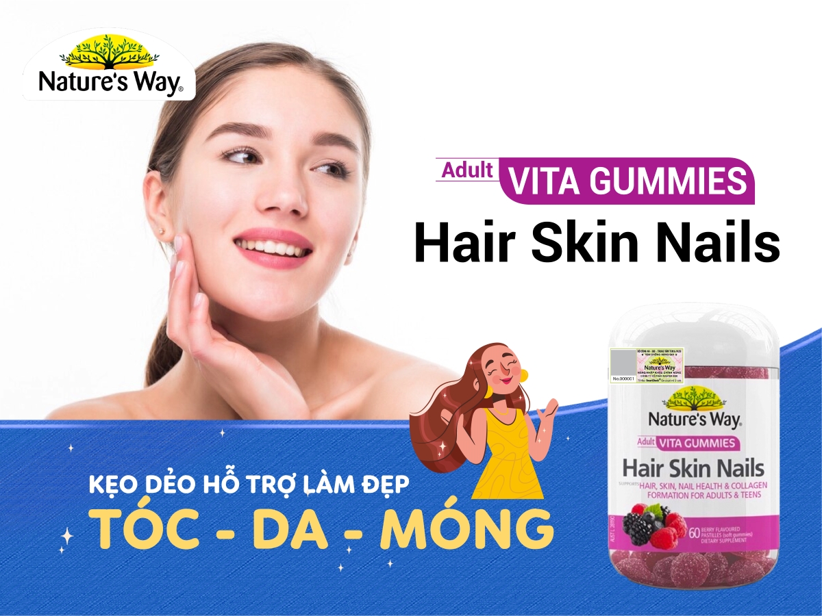 Nature’s Way Adult Vita Gummies Hair Skin Nails – Bổ sung Vitamin C, E, Biotin và kẽm hỗ trợ da, tóc móng khỏe mạnh ( 60 viên)