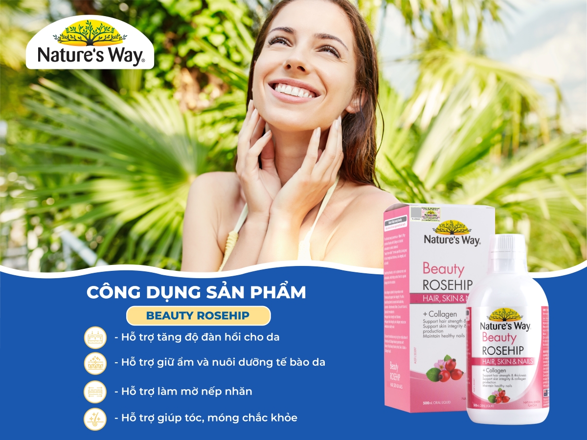 Nature's Way Beauty Rosehip – Bổ sung collagen thủy phân, chiết xuất Rosa Canina và Biontin cho da, móng, tóc