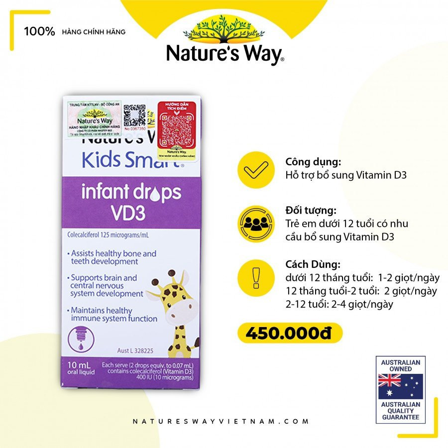 Kids Smart Infant Drops VD3 của Nature’s Way - Sản phẩm bổ sung Vitamin D3 hàng đầu của Úc