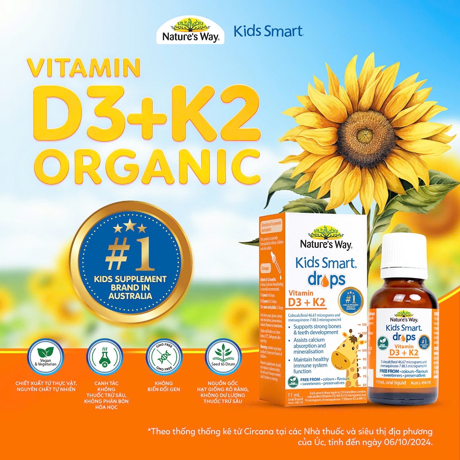 Vitamin D3K2 Organic cao cấp - Nature's Way Kids Smart Drops vitamin D3 + K2