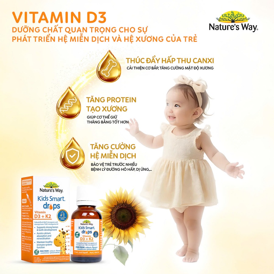 Nature's Way Kids Smart Drops Vitamin D3 + K2 - Vitamin D3K2 Organic cao cấp, thế hệ mới dành cho bé (Hộp 11ml)