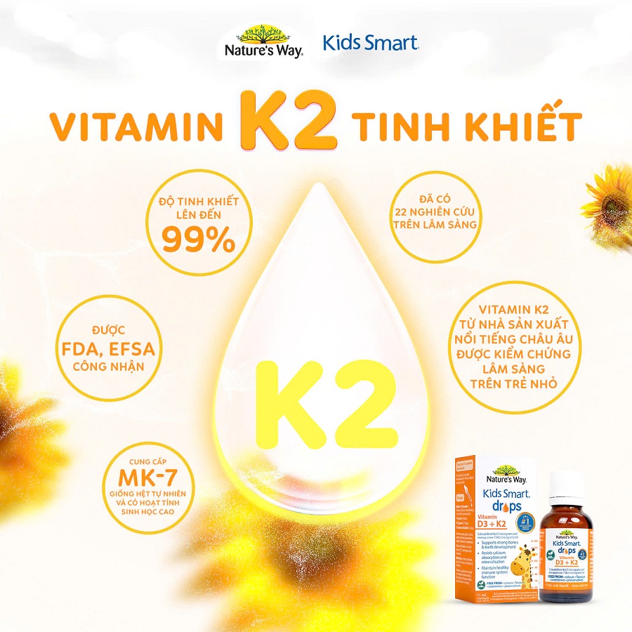 Nature's Way Kids Smart Drops Vitamin D3 + K2 - Vitamin D3K2 Organic cao cấp, thế hệ mới dành cho bé (Hộp 11ml)