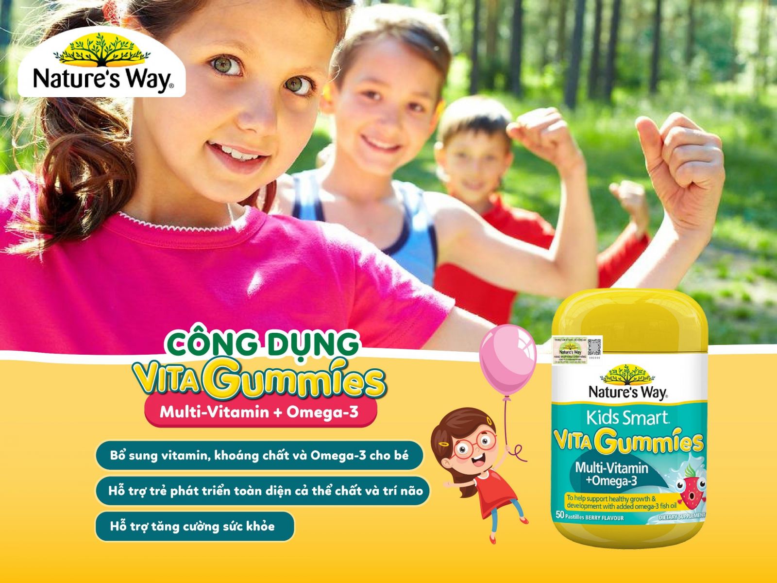 Nature’s Way Kids Smart Vita Gummies Multi-Vitamin + Omega-3 - Bổ sung các vi chất cần thiết và Omega-3