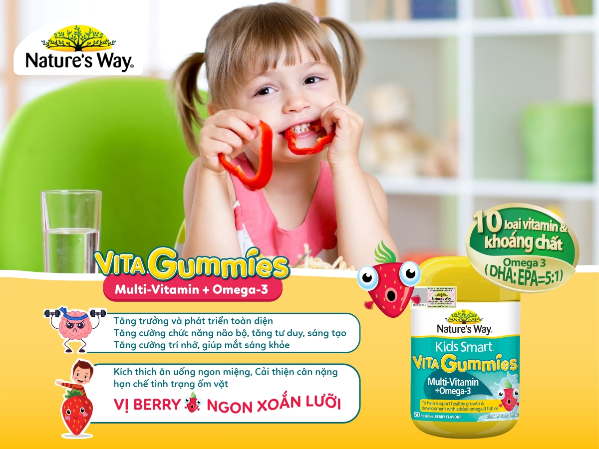 Nature’s Way Kids Smart Vita Gummies Multi-Vitamin + Omega-3 - Bổ sung các vi chất cần thiết và Omega-3