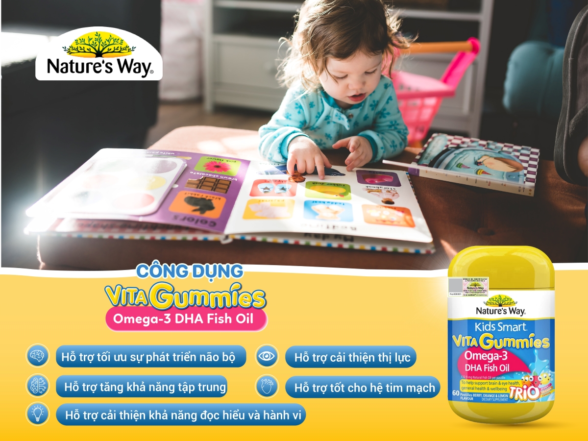 Natures Way Kids Smart Vita Gummies Omega-3 DHA Fish Oil Trio - Hỗ trợ phát triển não bộ và thị lực cho bé