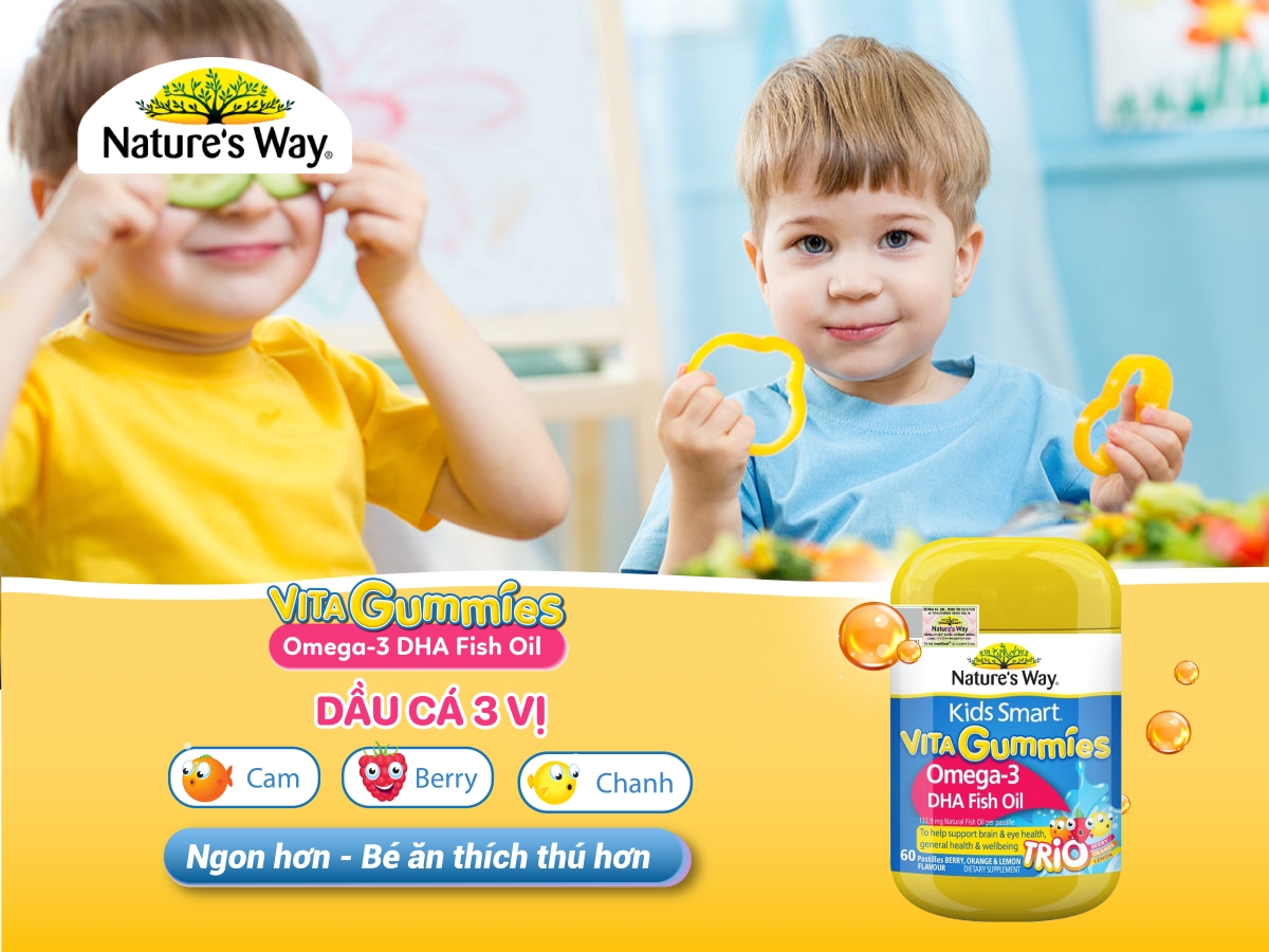 Natures Way Kids Smart Vita Gummies Omega-3 DHA Fish Oil Trio - Hỗ trợ phát triển não bộ và thị lực cho bé