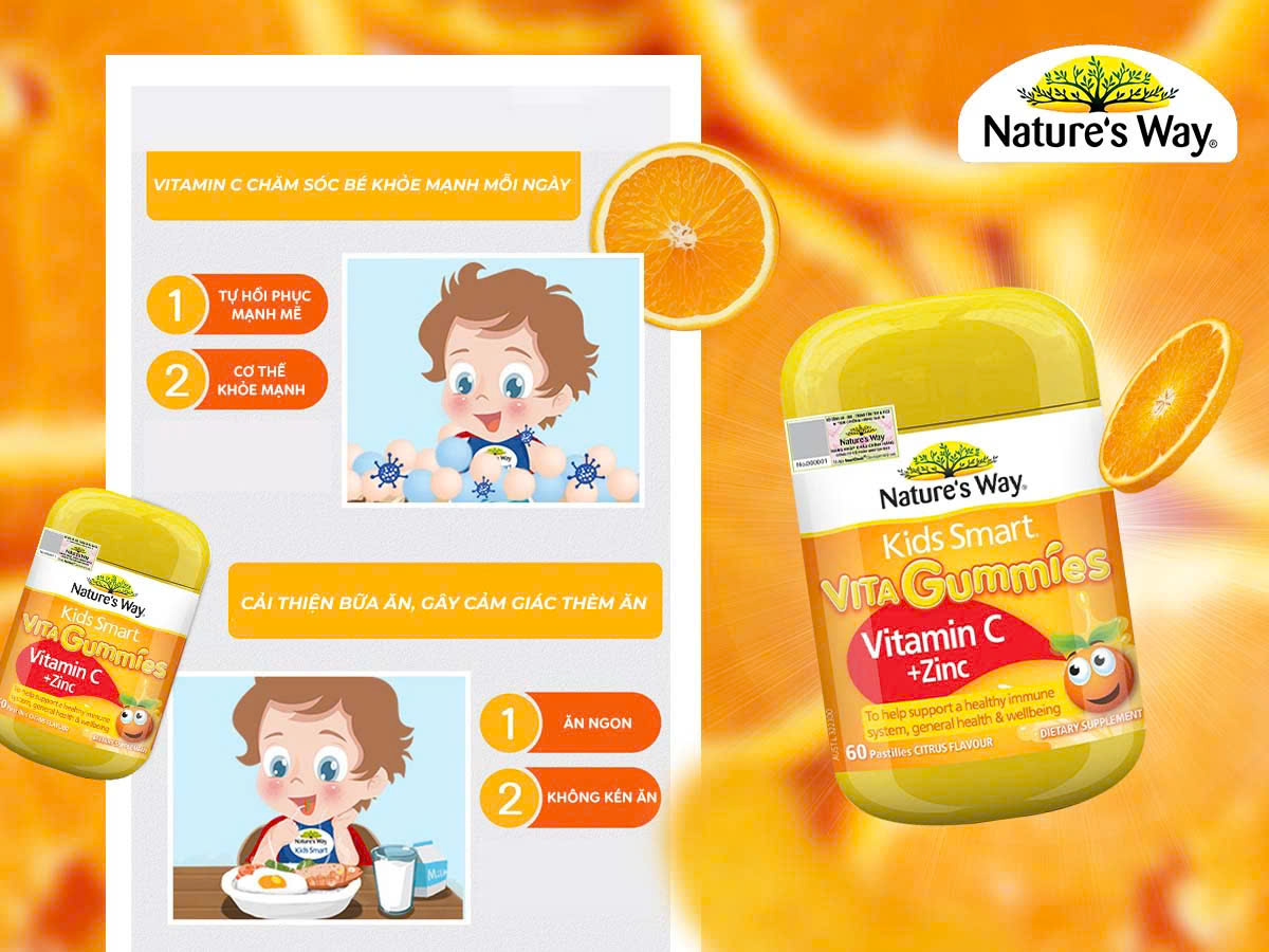 Nature’s Way Kids Smart Vita Gummies Vitamin C + ZinC – Bổ sung kẽm và vitamin C tăng cường sức đề kháng cho trẻ