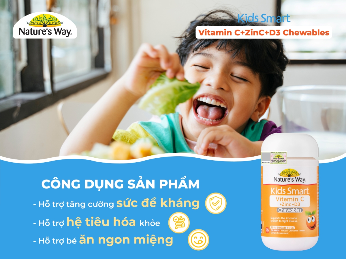 Nature’s Way Kids Smart Vitamin C + Zinc + D3 Chewable Tablets - Bổ sung Vitamin C và Kẽm cho bé