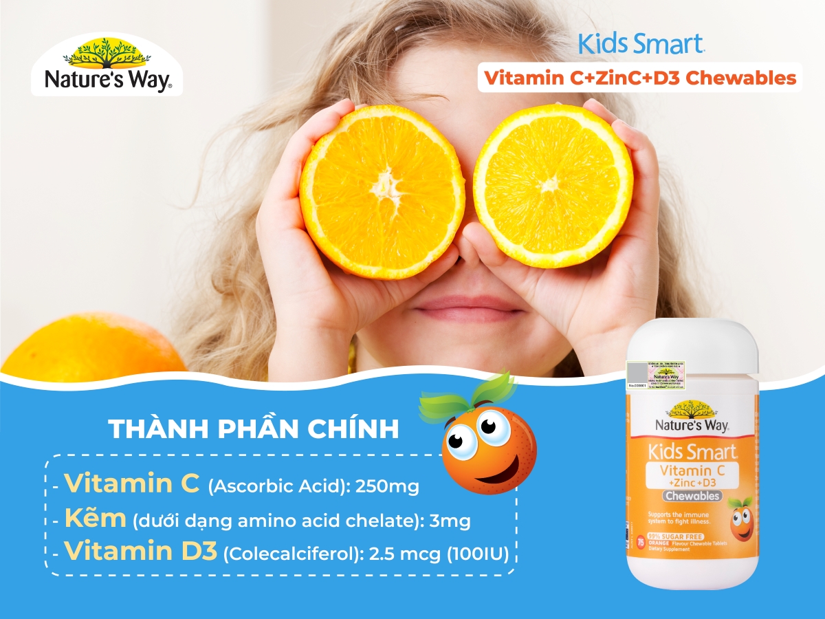 Nature’s Way Kids Smart Vitamin C + Zinc + D3 Chewable Tablets - Bổ sung Vitamin C và Kẽm cho bé