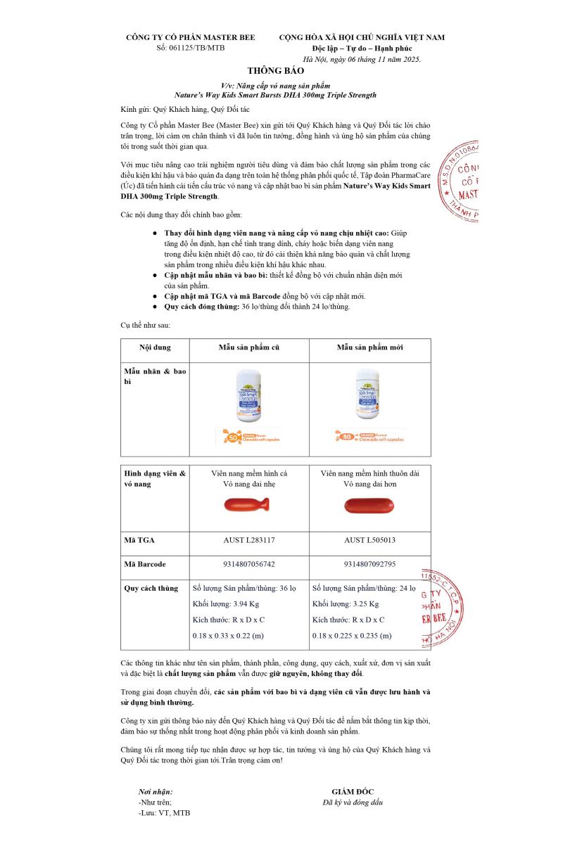 Thông báo thay đổi vỏ nang sản phẩm DHA 300mg