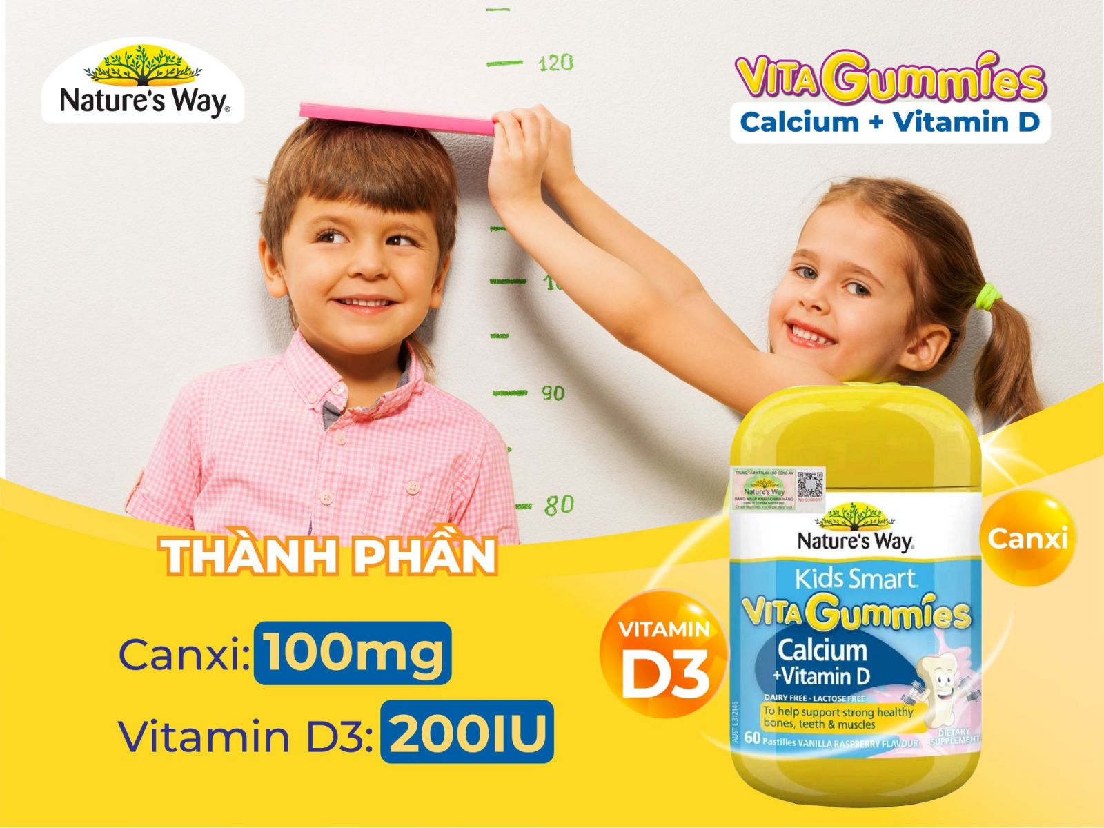 Nature's Way Vita Gummies Calcium + Vitamin D – Kẹo canxi cho bé